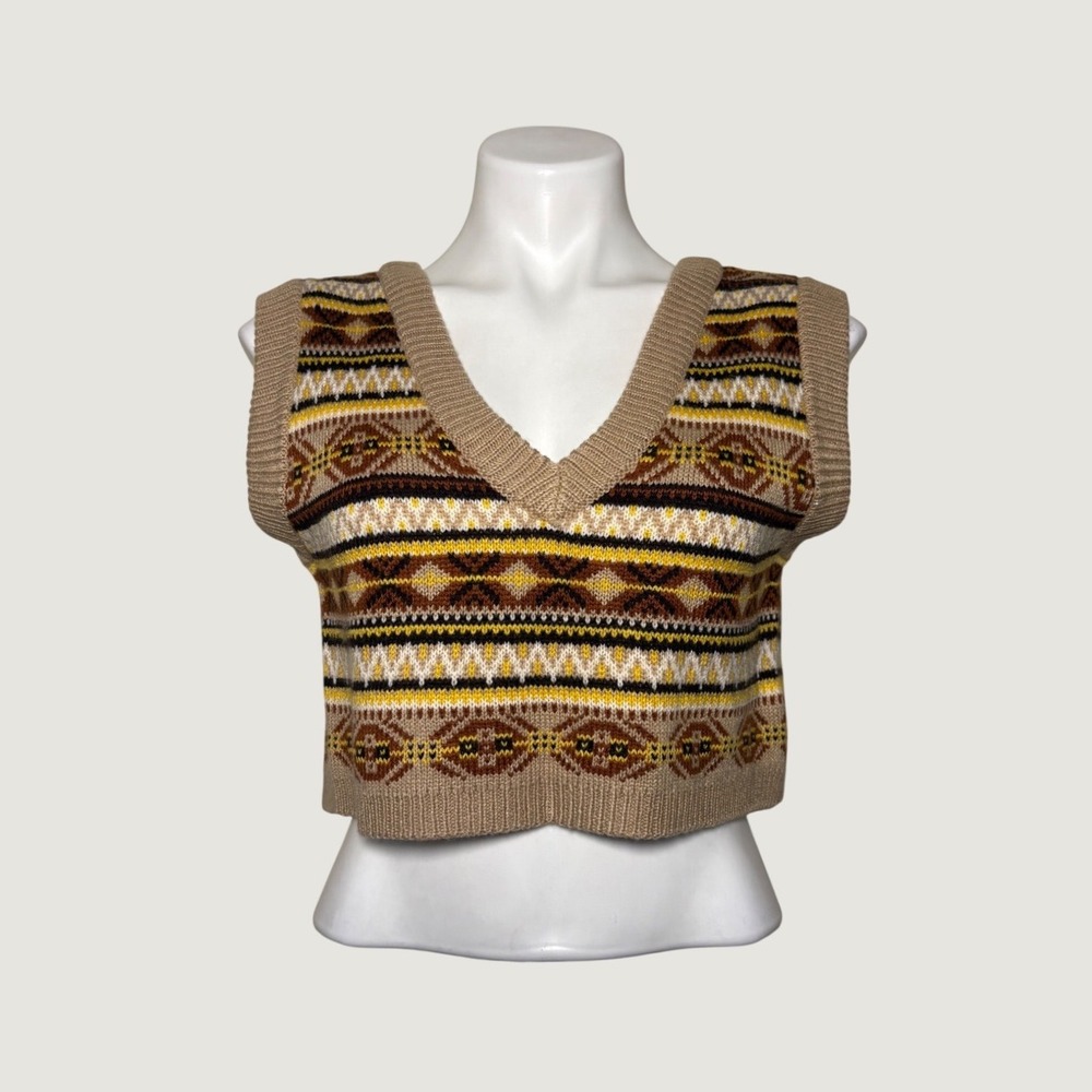 Y2K Urban Revivo Fair Cropped Sweater Vest Open Back Tie Tan #15
